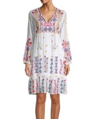 Johnny Was Daisy Embroidered Sheer White Boho Peasant Mini Dress Floral Medium